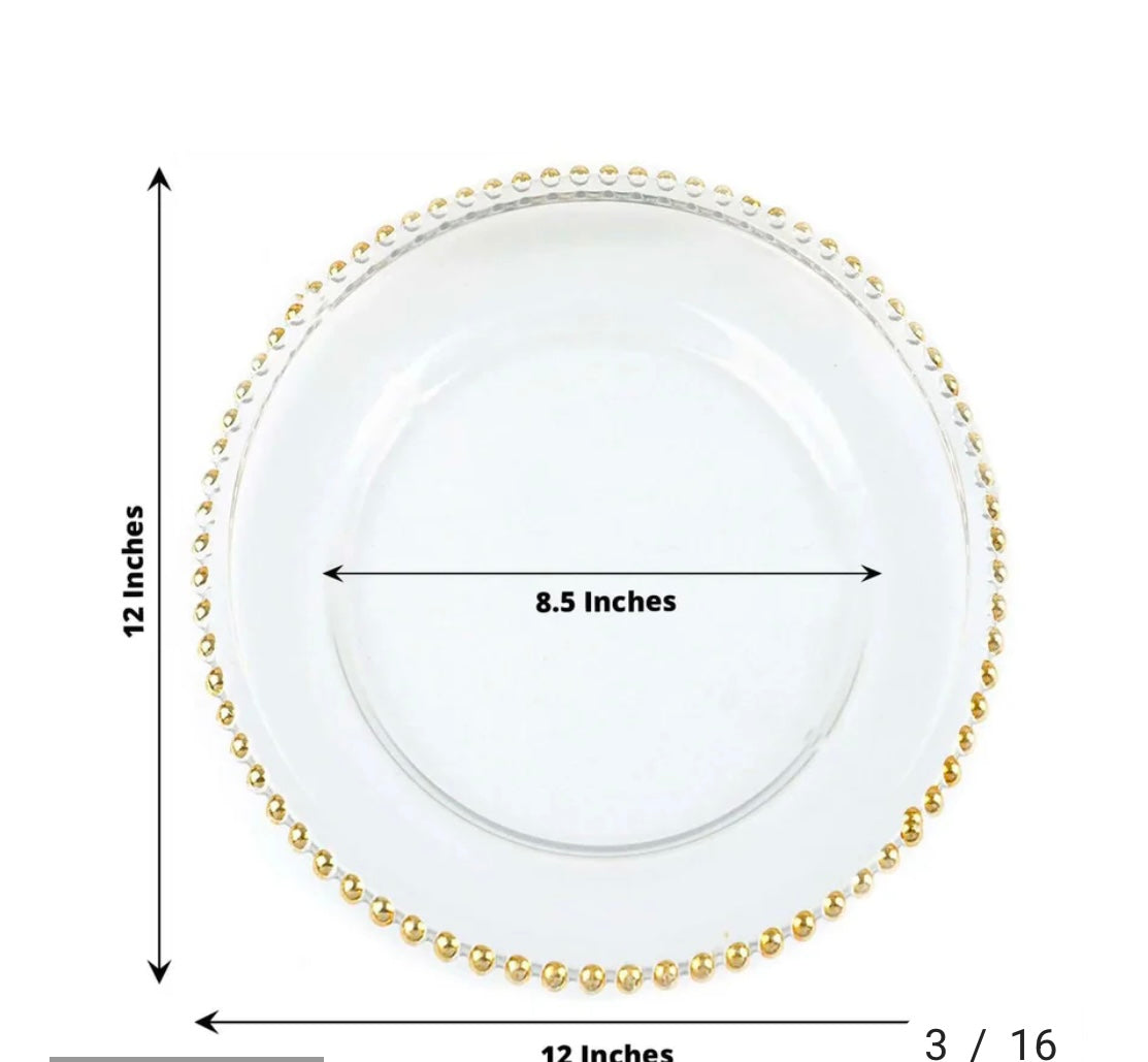 Gold Beaded Round Acrylic Charger plates For Rent