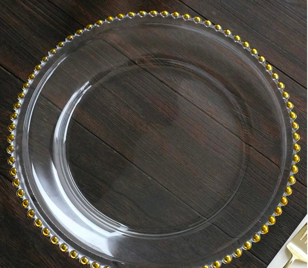 Gold Beaded Round Acrylic Charger plates For Rent